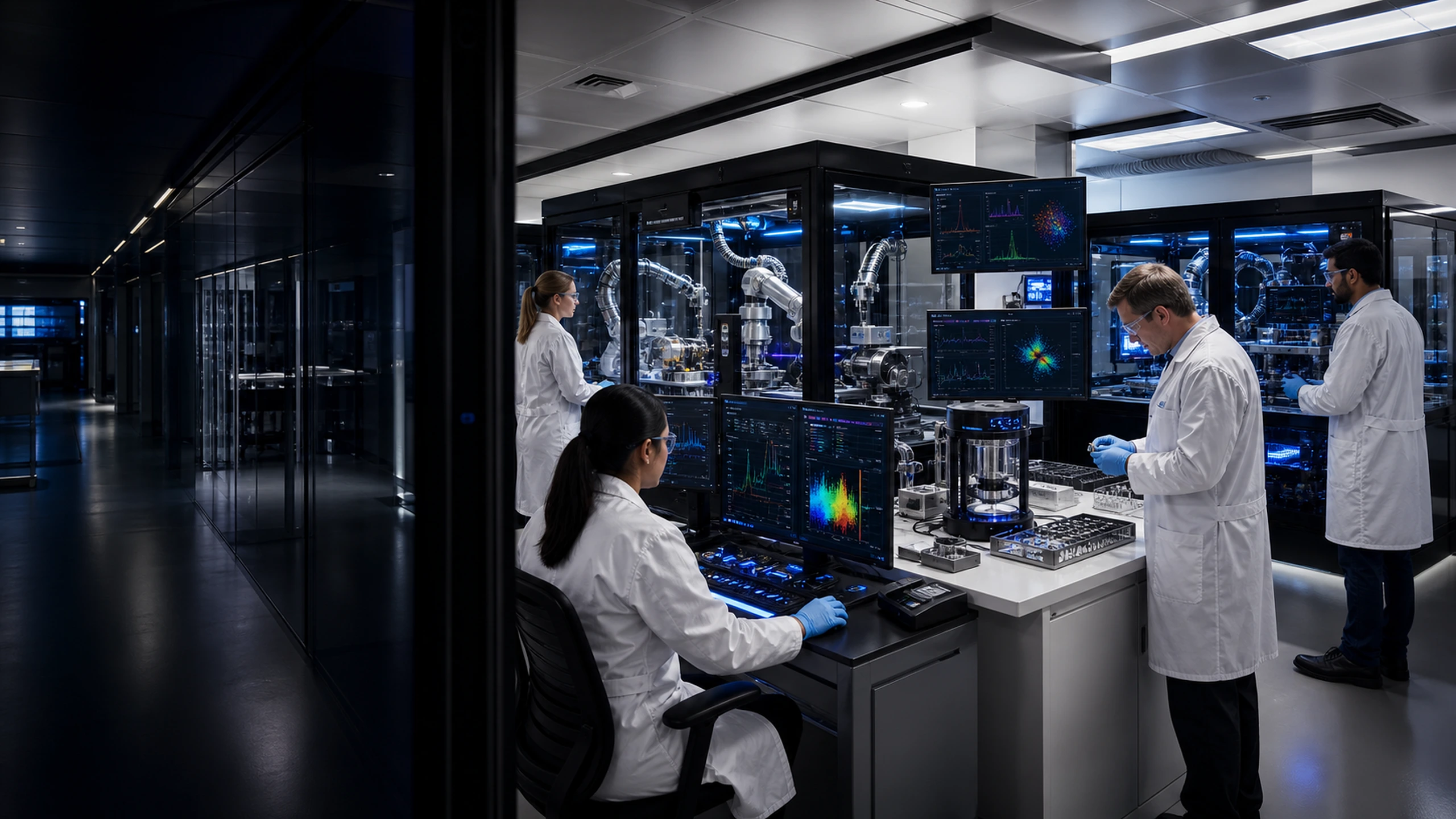 Illustrative future autonomous formulation laboratory with bounded robotic work cells and active human supervision