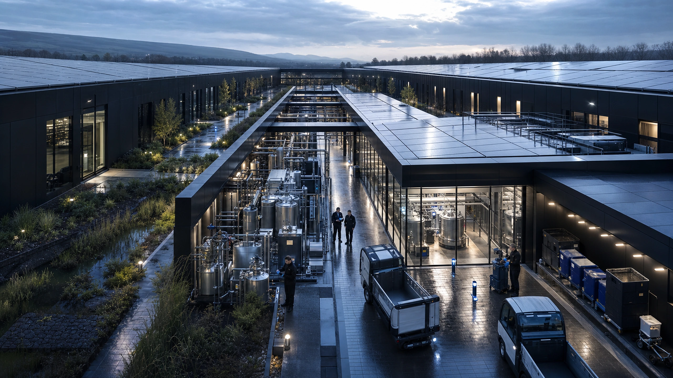 Illustrative future campus utility spine connecting solar roofs, heat recovery, water reuse, planted drainage and protected waste handling
