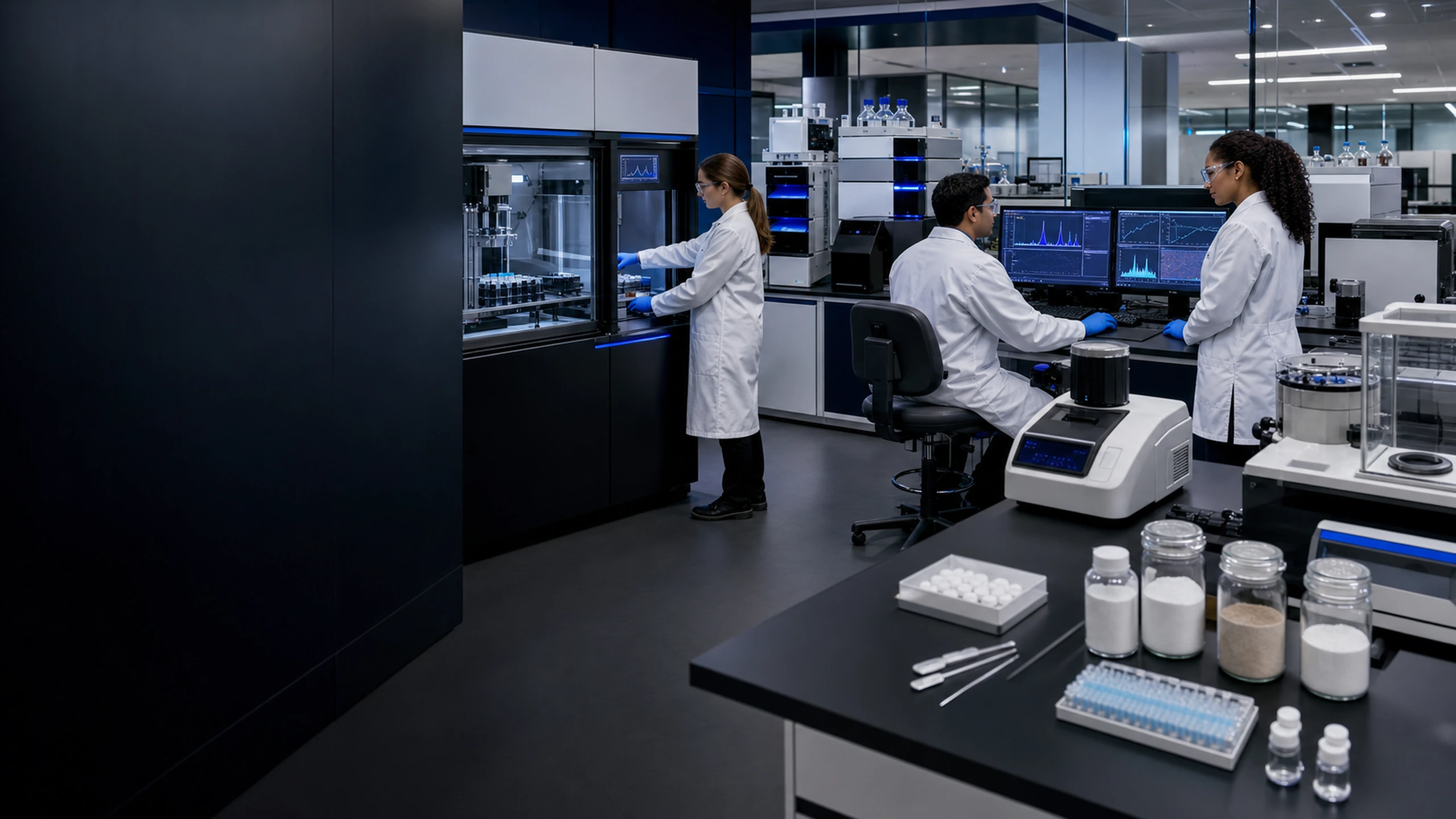 Illustrative future formulation and analytical environment with scientists preparing materials, operating instruments and reviewing evidence