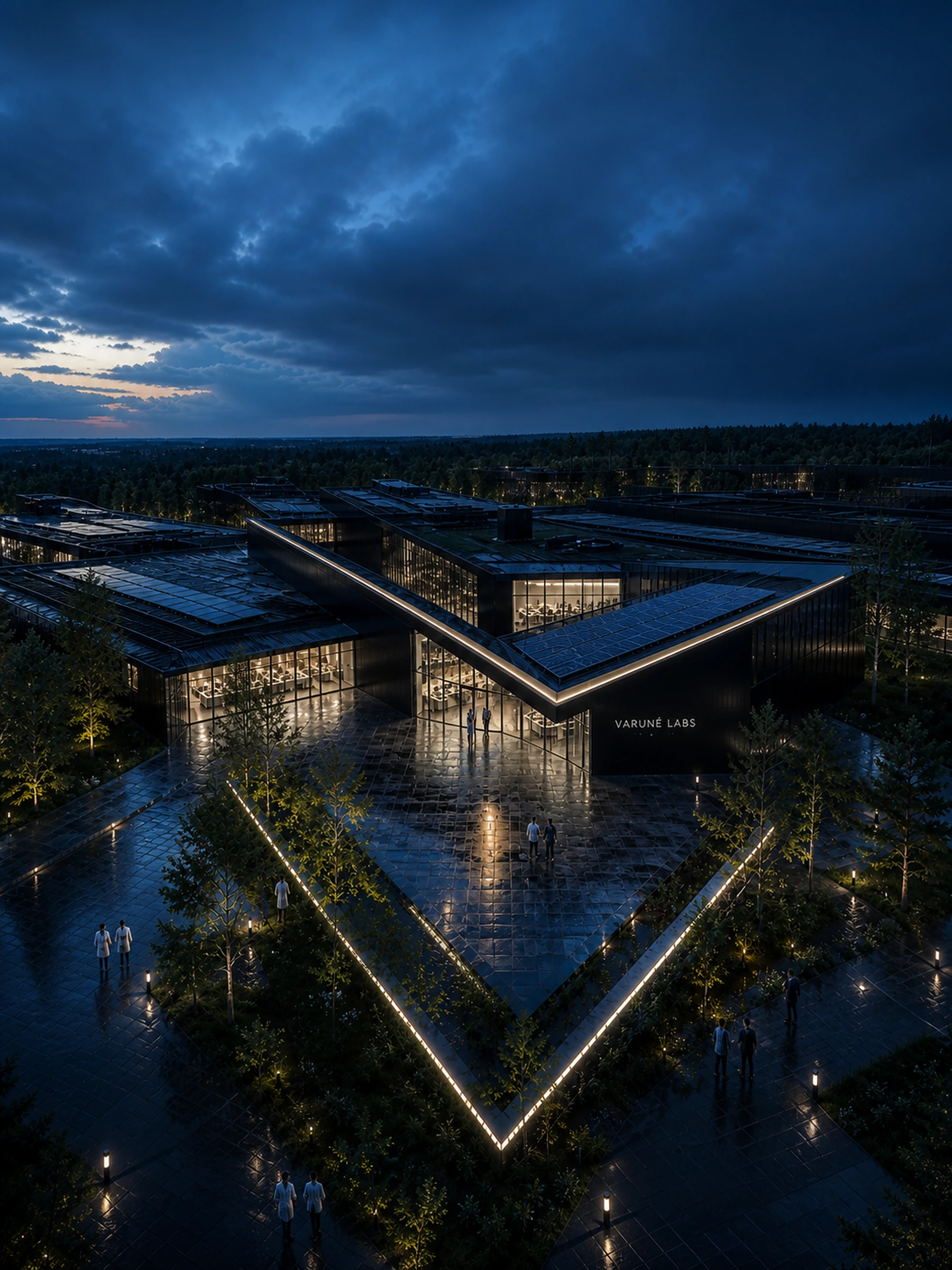 AI-generated blue-hour aerial of a black connected V-shaped Scotland campus concept with illustrative VARUNÉ LABS environmental signage