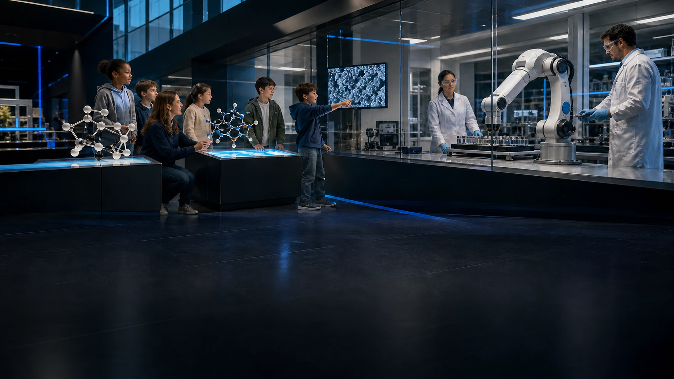 Illustrative future public science gallery with children and a teacher exploring safe models beside a sealed working laboratory