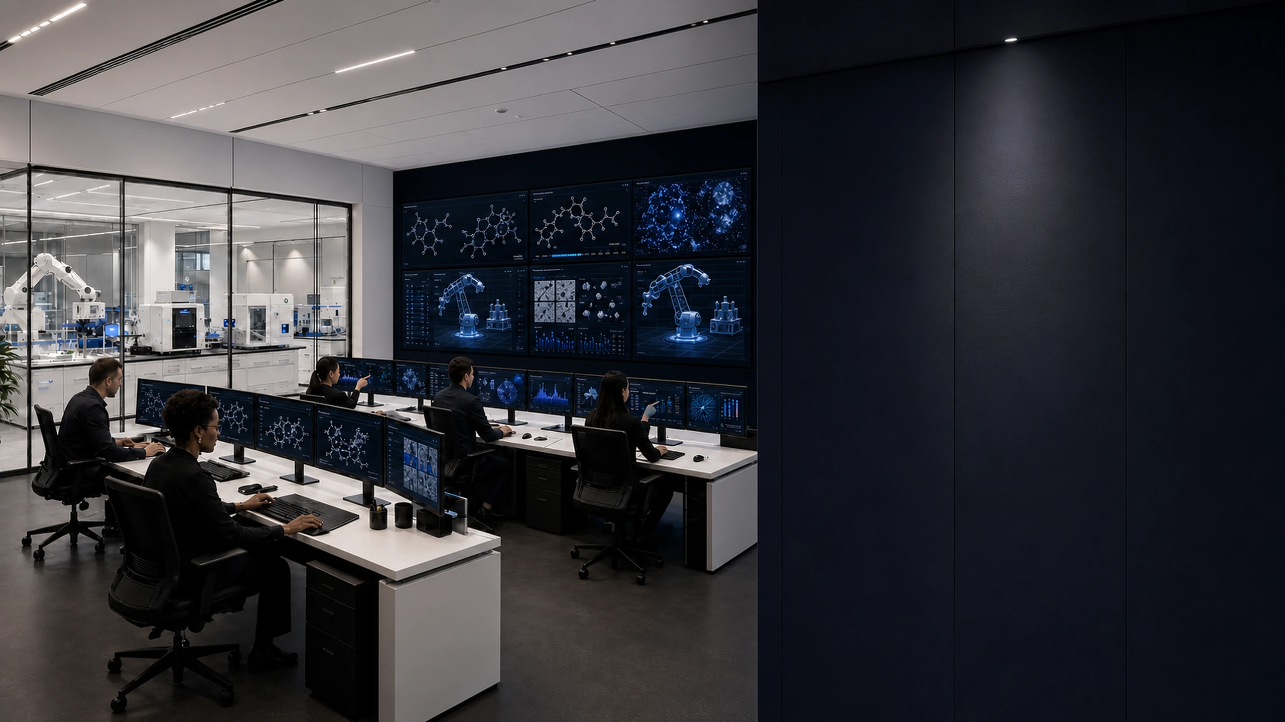 Illustrative future quality-science operations room with scientists reviewing molecular, analytical, microscopy and robotic evidence