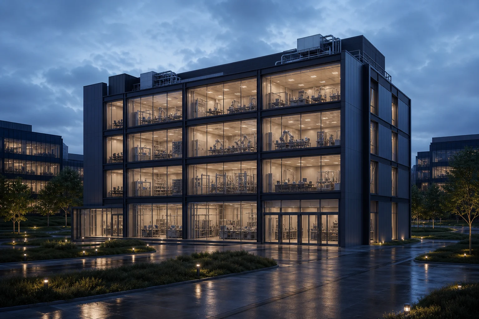 Illustrative exterior for an AI and robotics laboratory building