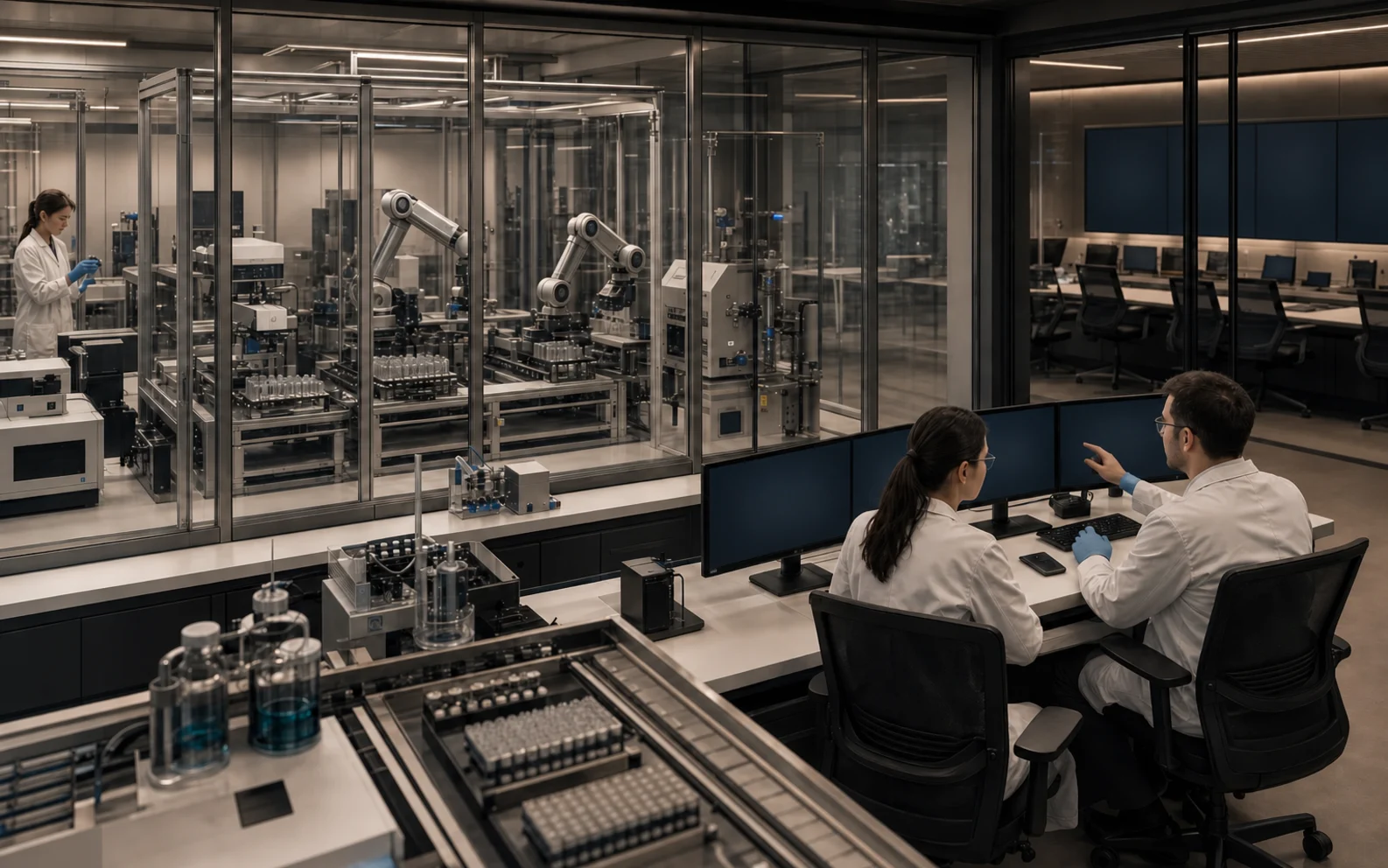 Illustrative autonomous laboratory interior with blank screens and supervised robotic work cells