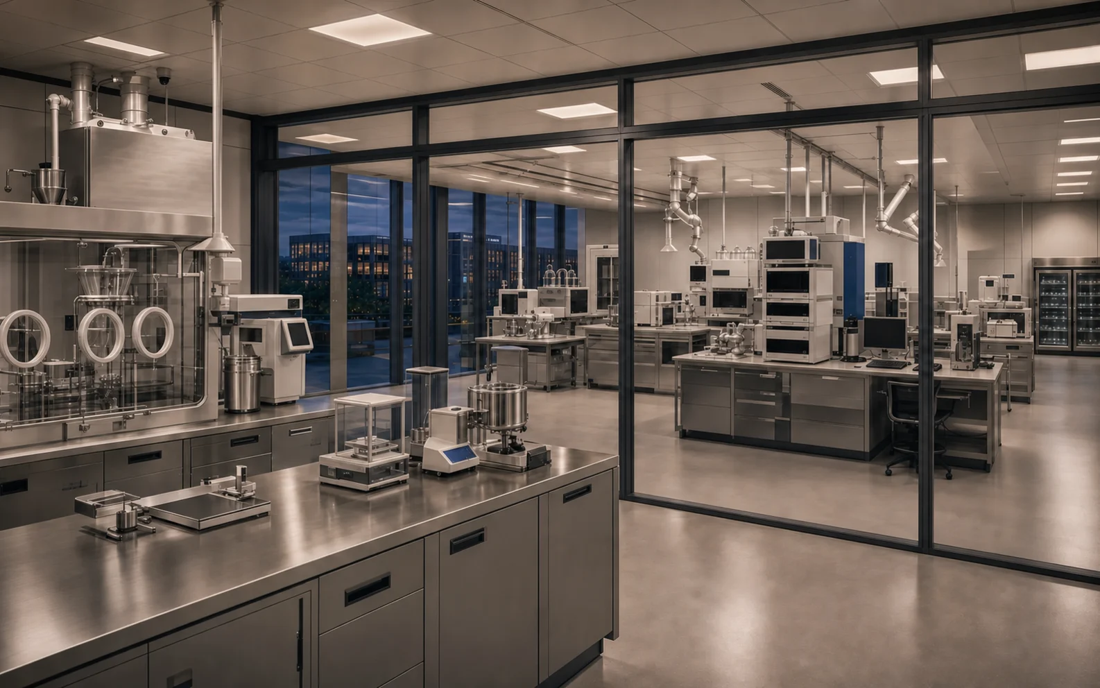 Illustrative formulation and analytical laboratory interior with blank screens