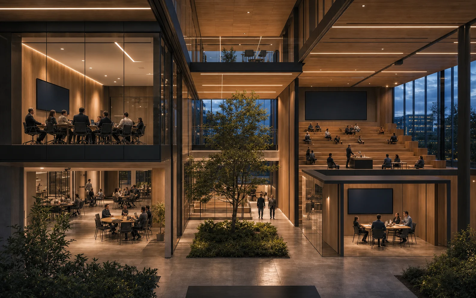 Illustrative scientific forum interior for governed partner review and learning