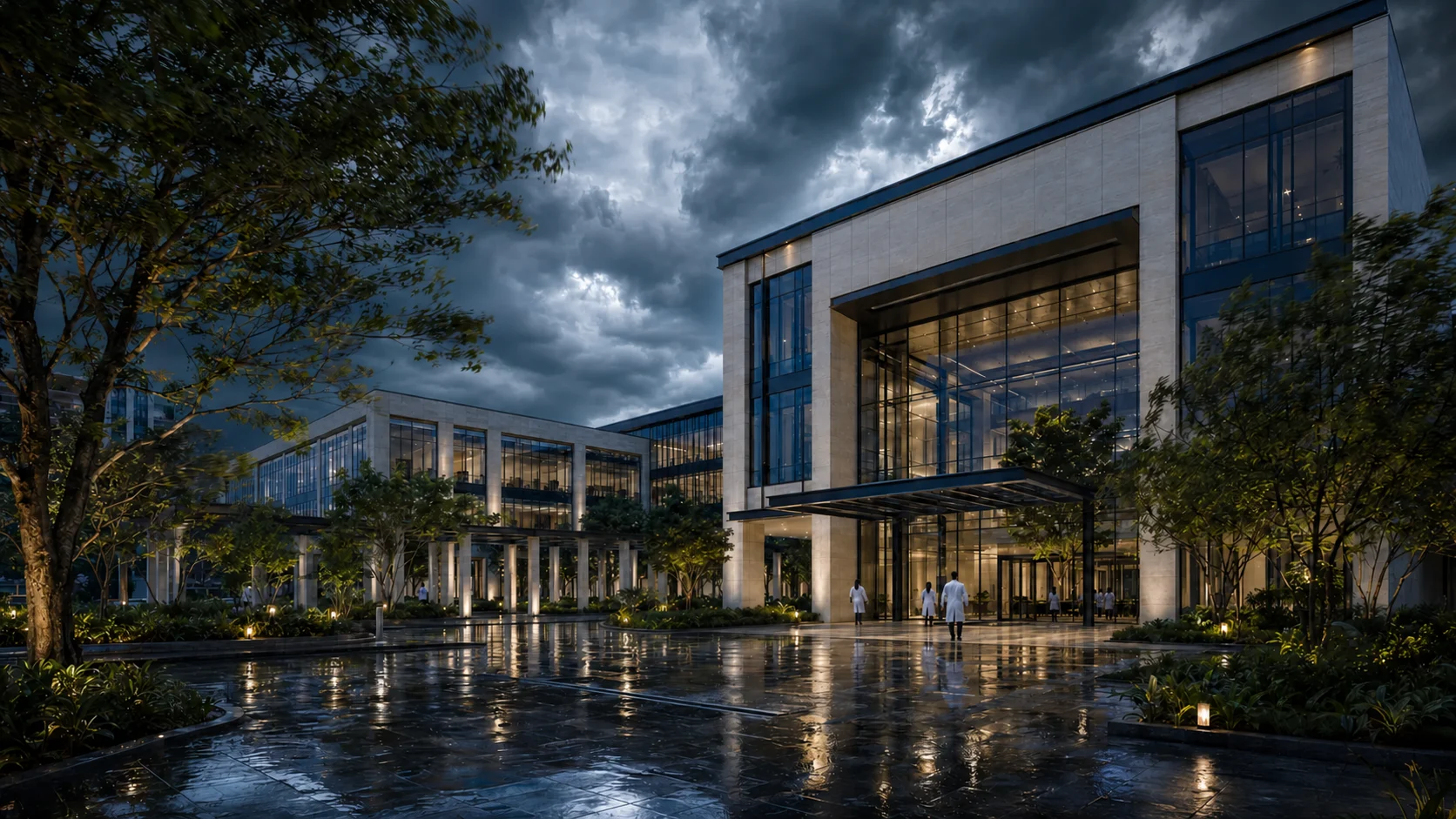 Illustrative Hyderabad campus arrival court in warm light