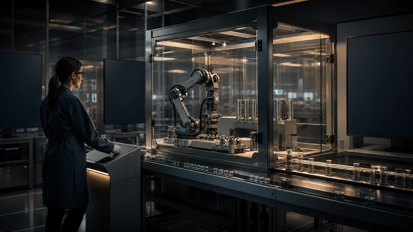 Illustrative responsible AI and robotics editorial scene with blank digital displays