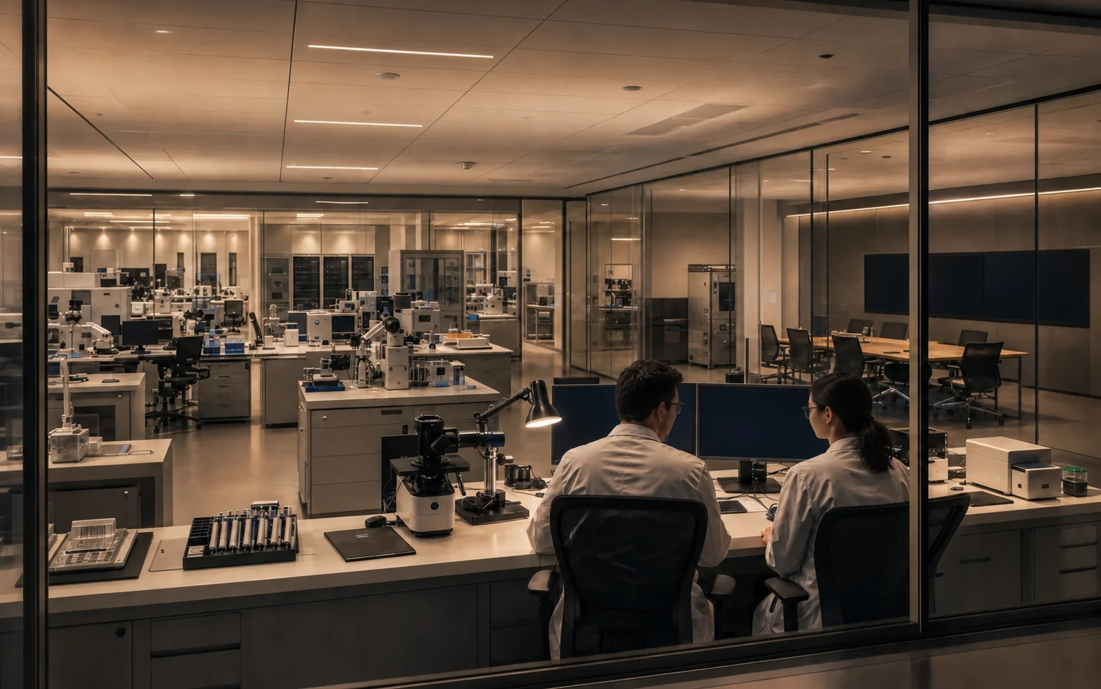 Illustrative translational development laboratory interior with blank screens