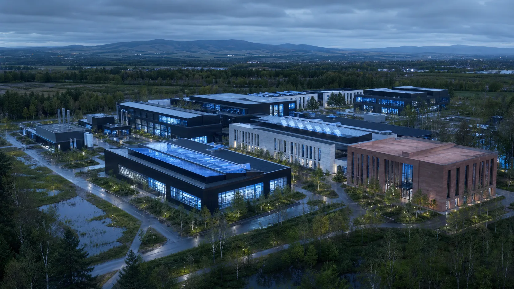 Previous illustrative Glasgow civic campus identity study in a generic west-Glasgow landscape