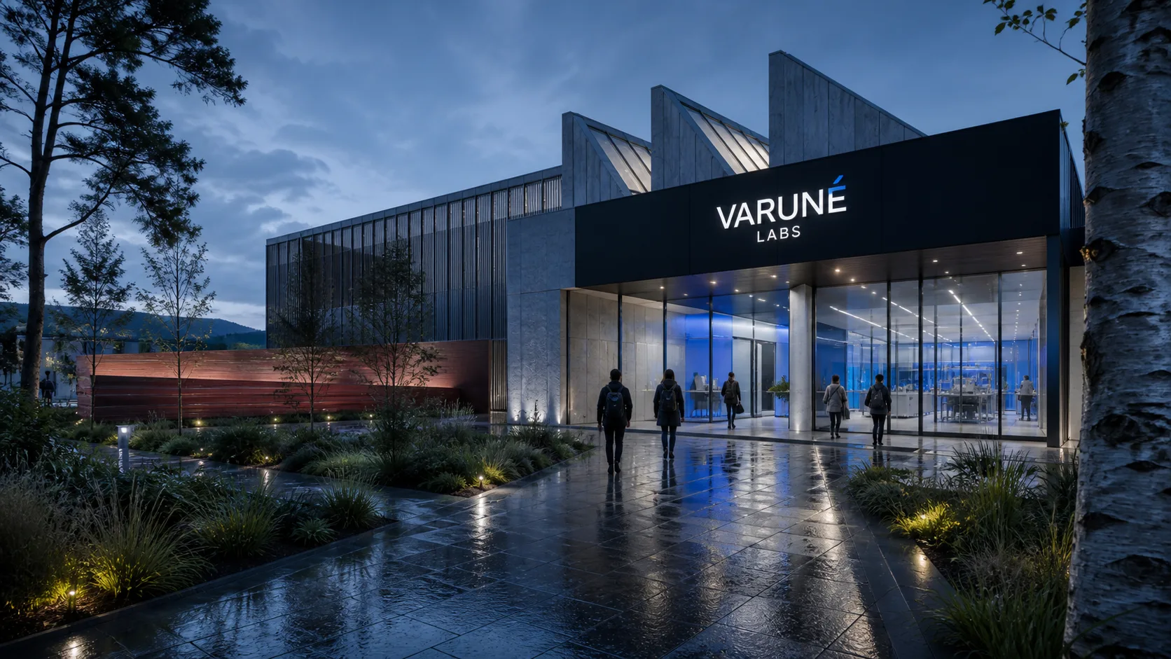 Illustrative Glasgow building entrance with exact VARUNÉ LABS environmental signage