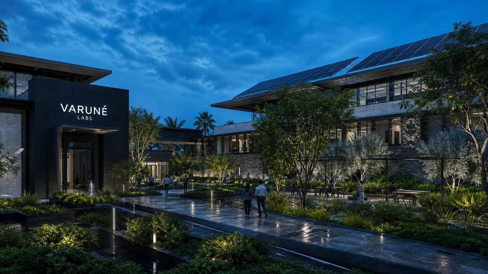 Illustrative Hyderabad garden entrance with exact VARUNÉ LABS environmental signage