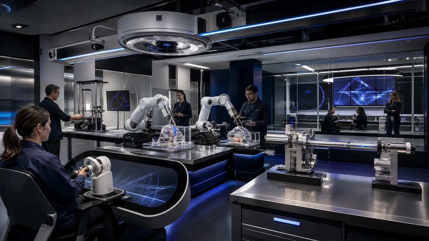 Illustrative future surgical robotics research laboratory with no generated display text