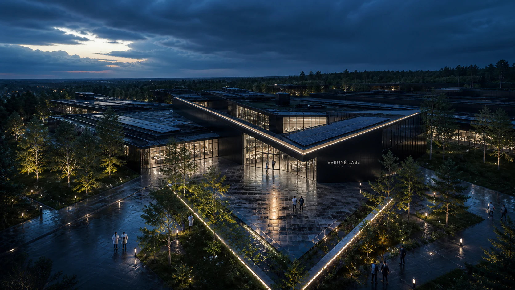 AI-generated blue-hour concept of a black connected V-shaped campus in a generic wider-AMIDS-area landscape; no site selected